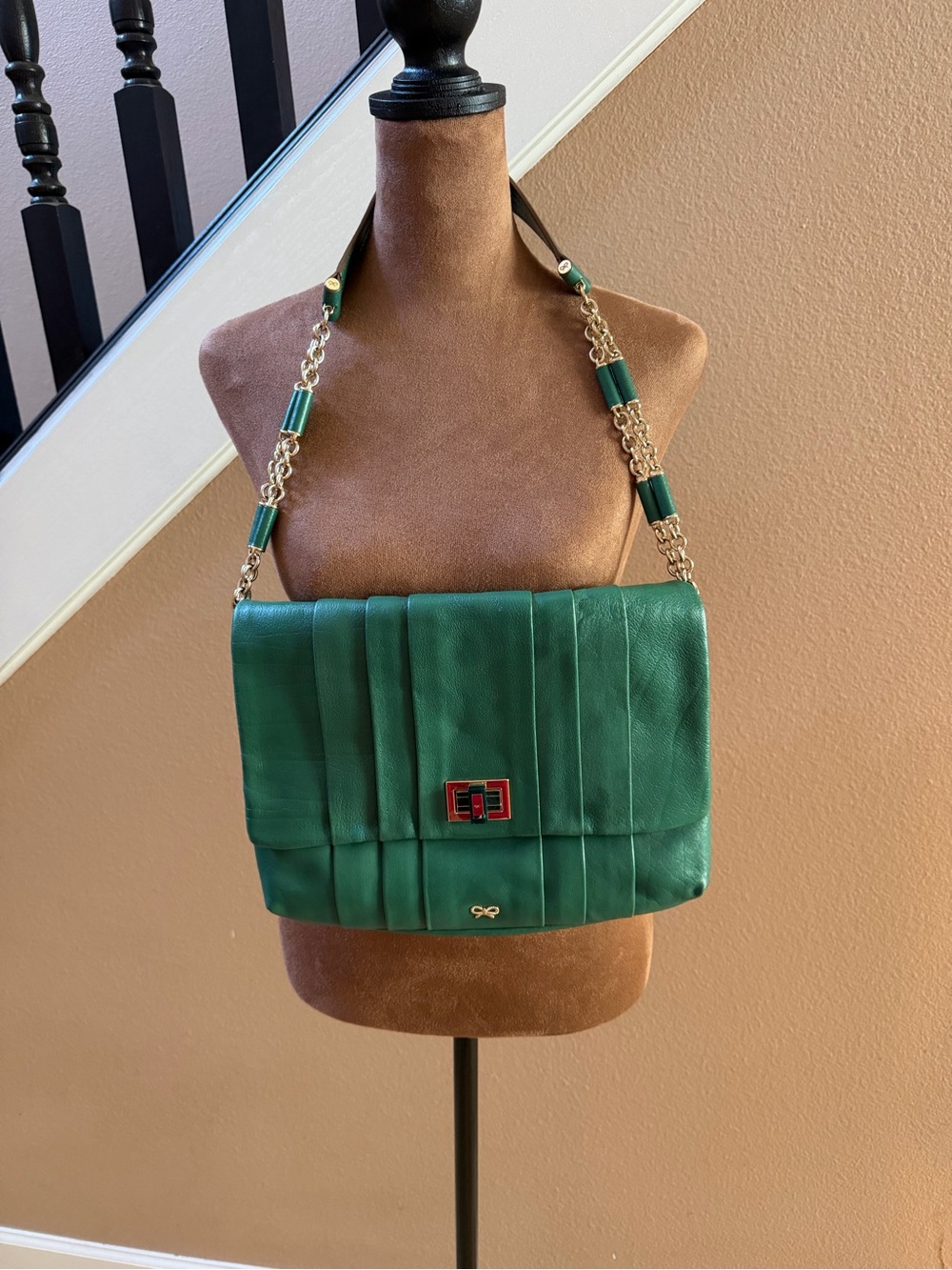 Anya Hindmarch Emerald Green Leather Gracie Shoulder Bag with Gold Chain